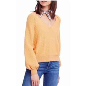 Free People Found My Friend Sweater V Neck Boucle Yellow Gold EUC Size XS